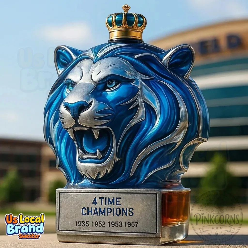 Detroit Lions Four Time Champions Lion Head Whiskey Bottle with Crown 1 Detroit Lions Four Time Champions Lion Head Whiskey Bottle with Crown