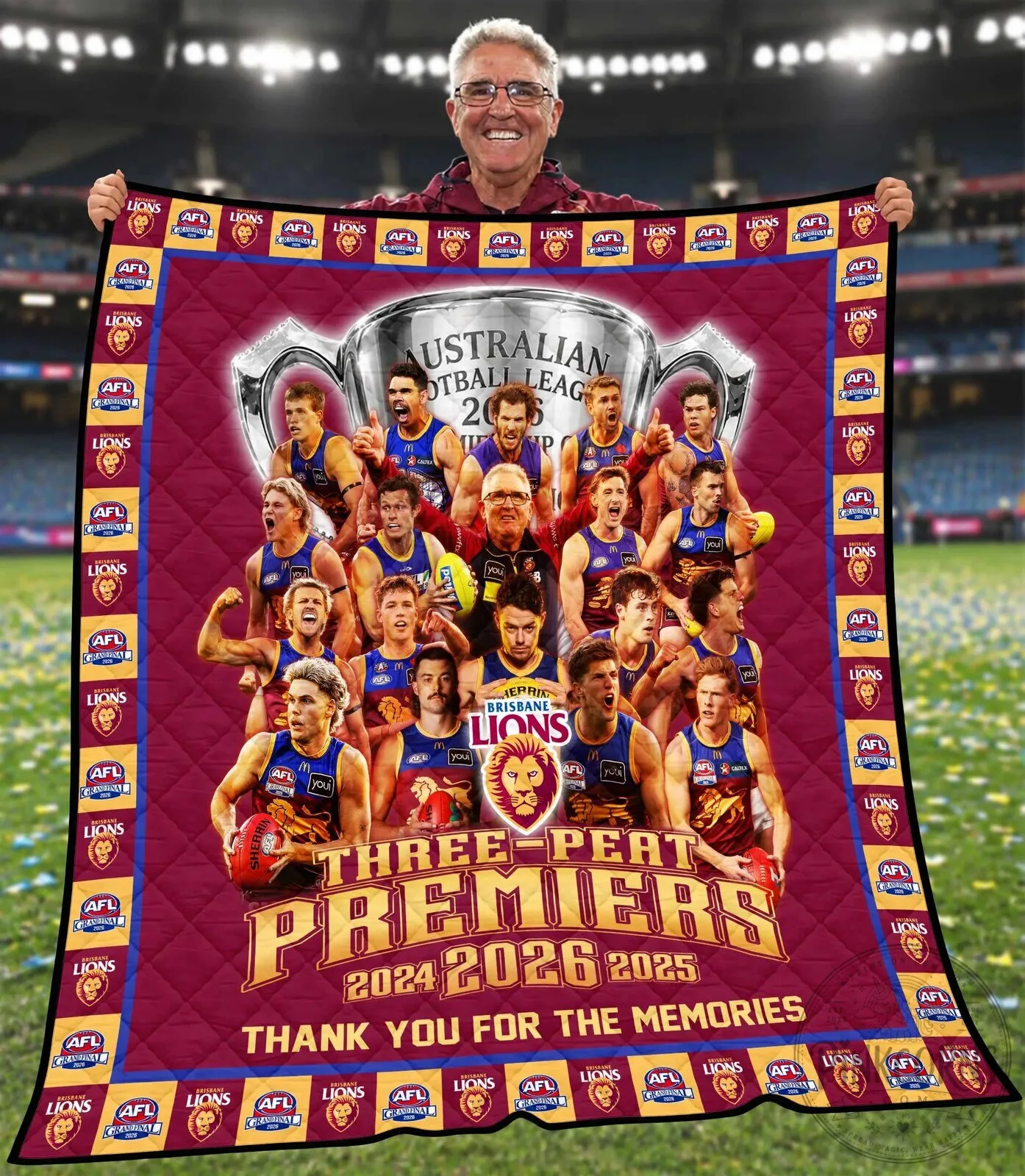 Brisbane Lions AFL Three-Peat Premiers 2024 2025 2026 Commemorative Blanket