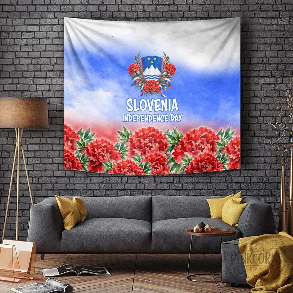 Slovenia Independence Day Tapestry White Lipizzaner Horse Red Carnation Emblem Patriotic Wall Hanging
