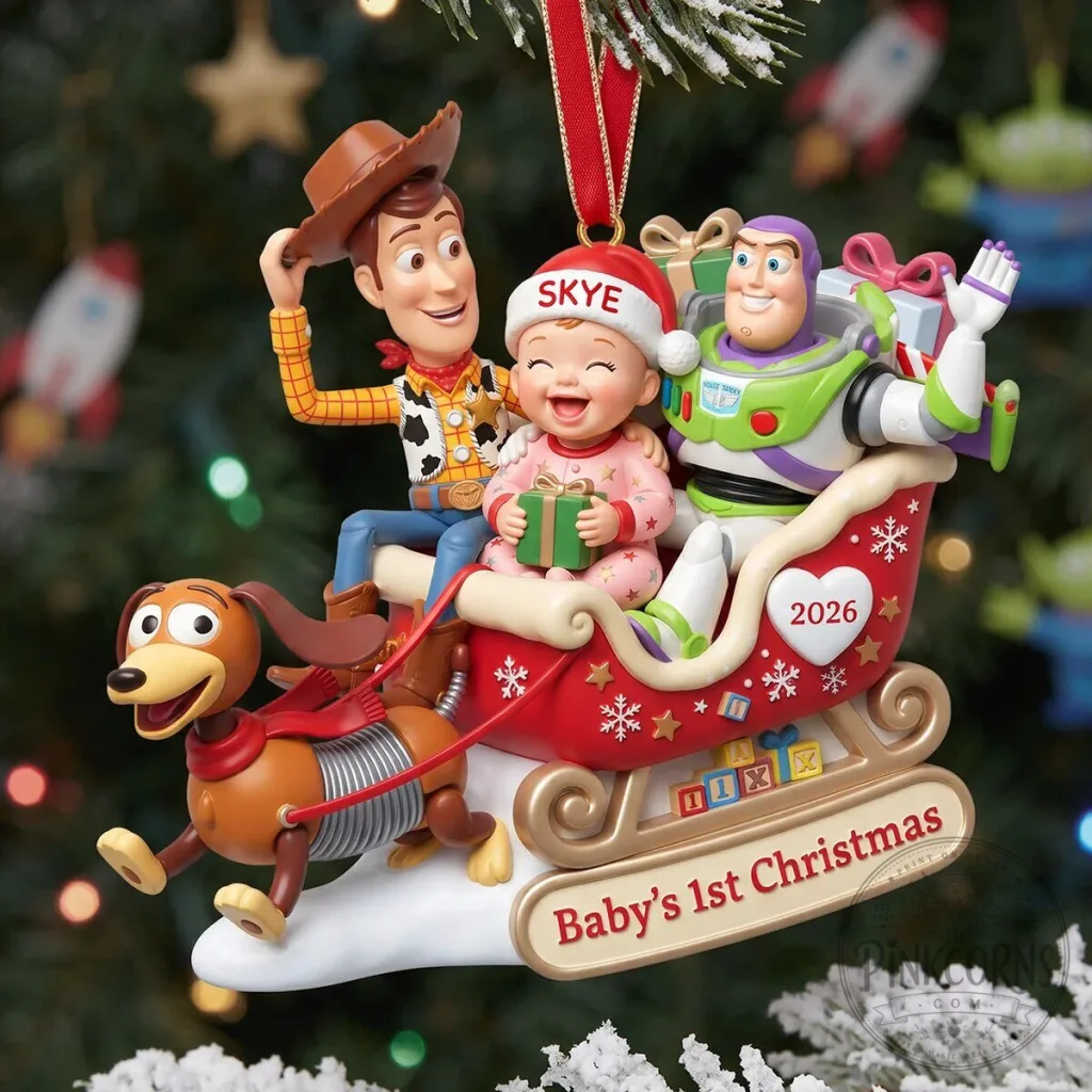 Toy Story Woody Buzz Lightyear Slinky Dog Baby's First Christmas Ornament Toy Story Woody Buzz Lightyear Slinky Dog Baby's First Christmas Ornament