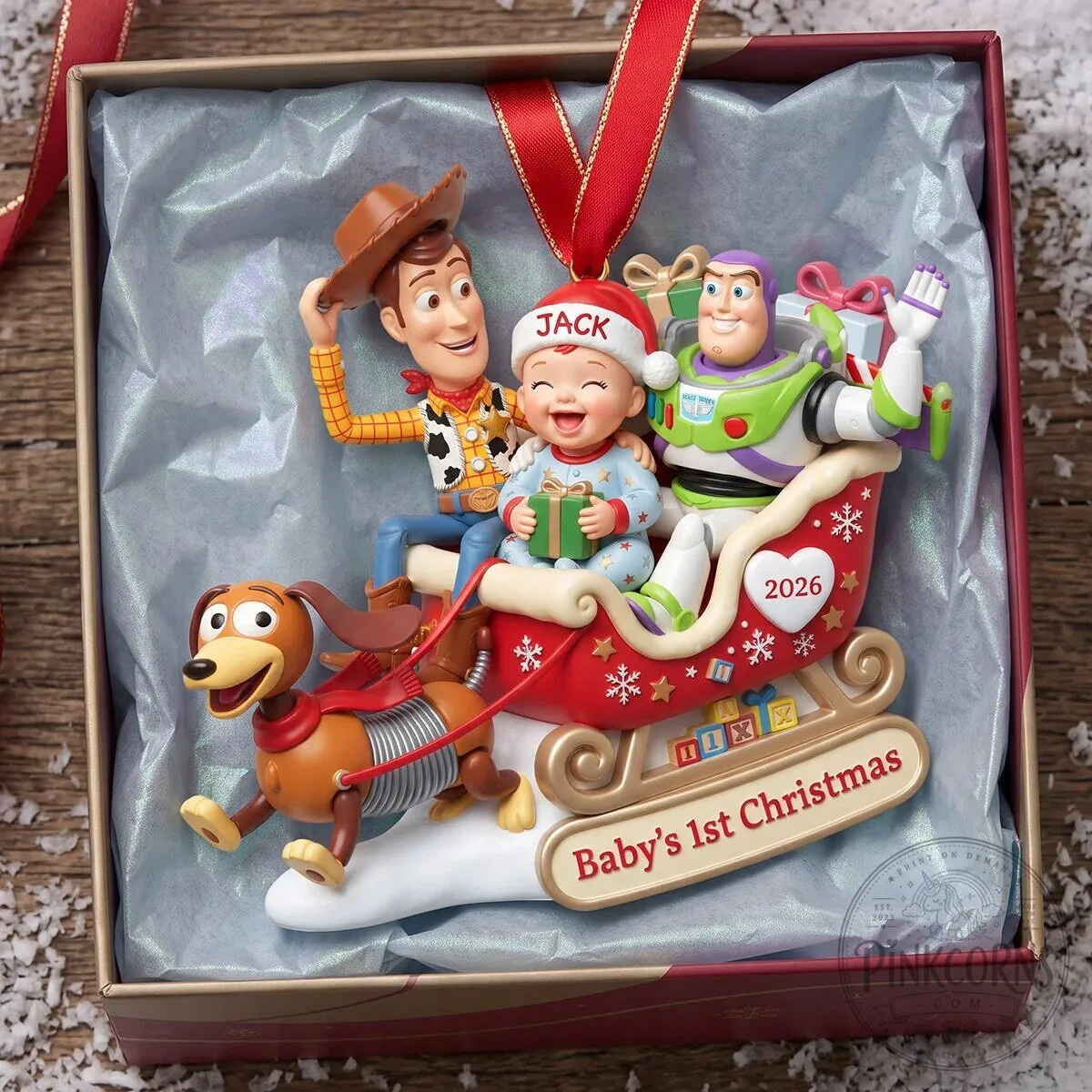 Toy Story Woody Buzz Lightyear Slinky Dog Baby's First Christmas Ornament 6 Toy Story Woody Buzz Lightyear Slinky Dog Baby