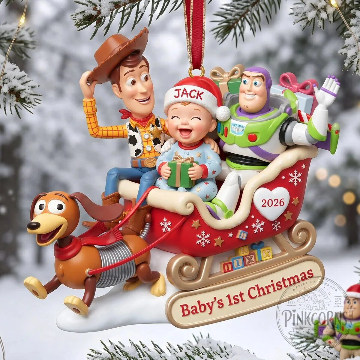 Toy Story Woody Buzz Lightyear Slinky Dog Baby's First Christmas Ornament 7 Toy Story Woody Buzz Lightyear Slinky Dog Baby