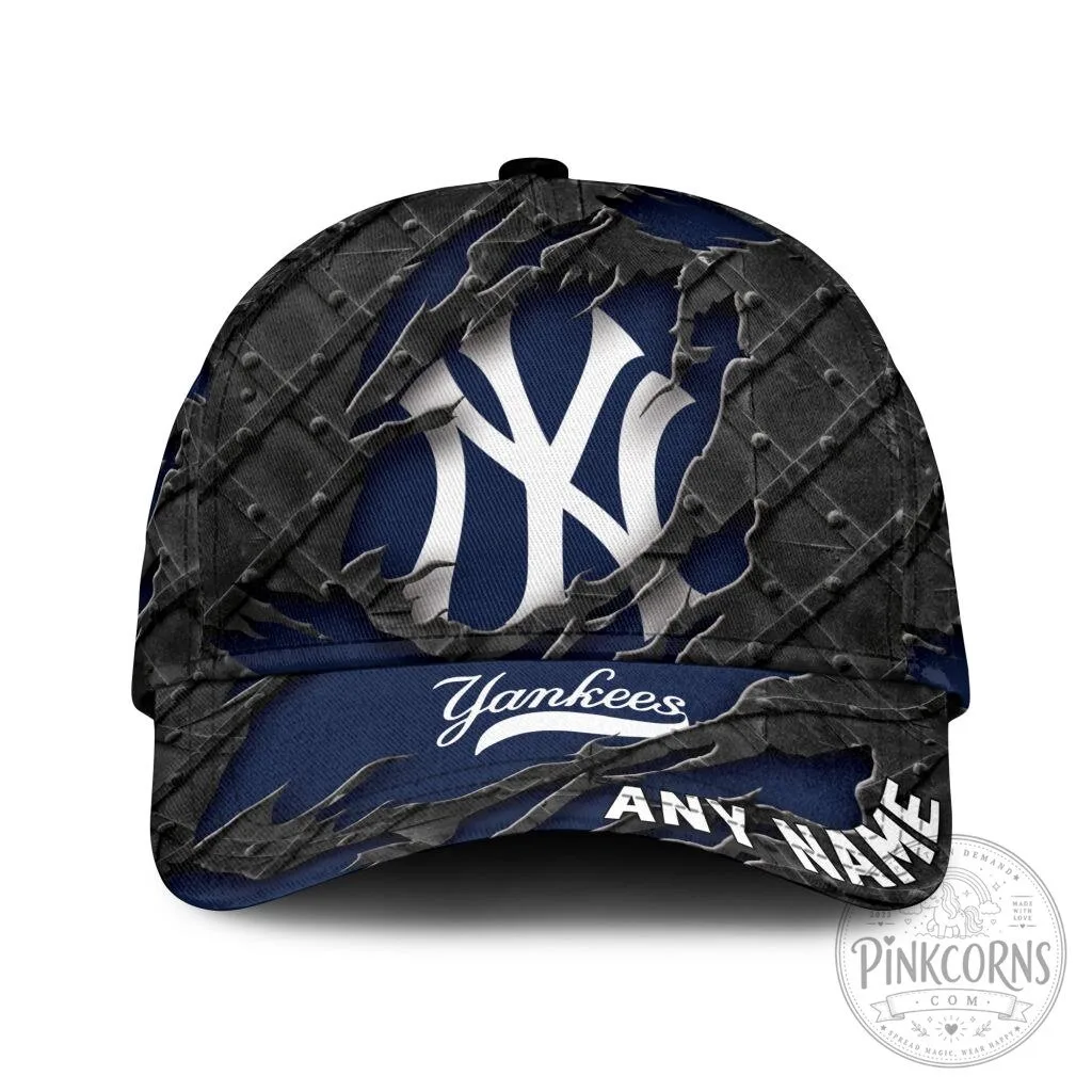 New York Yankees Personalized Name Black Metal Design Baseball Cap Hat