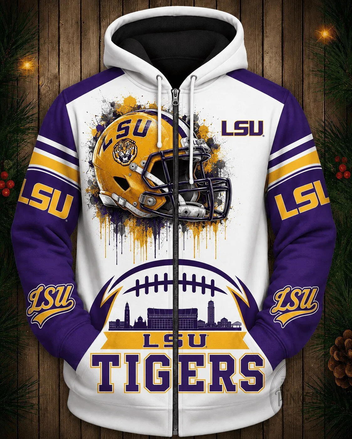 LSU Football Tigers Team Logo White and Purple Full Zip Hoodie