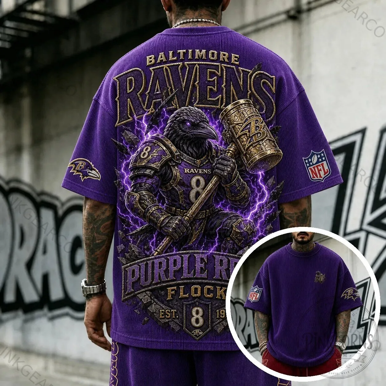 Baltimore Ravens Purple Flock Corduroy Oversized Short Sleeve T-Shirt 2 Baltimore Ravens Purple Flock Corduroy Oversized Short Sleeve T-Shirt