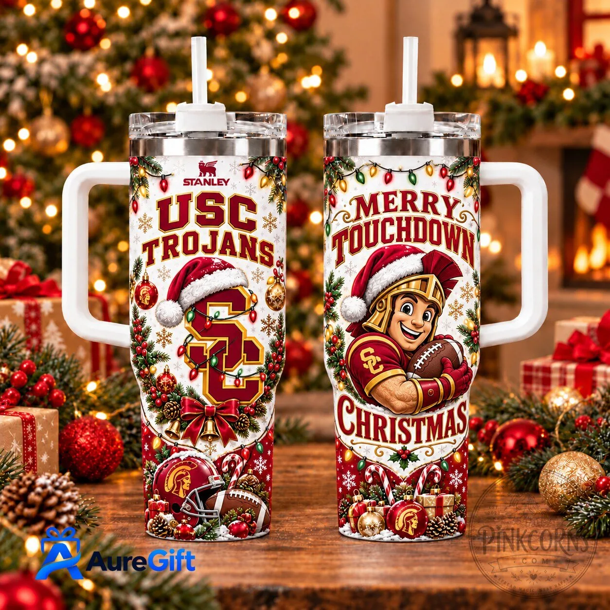USC Trojans Merry Touchdown Christmas Holiday Stainless Steel Tumbler