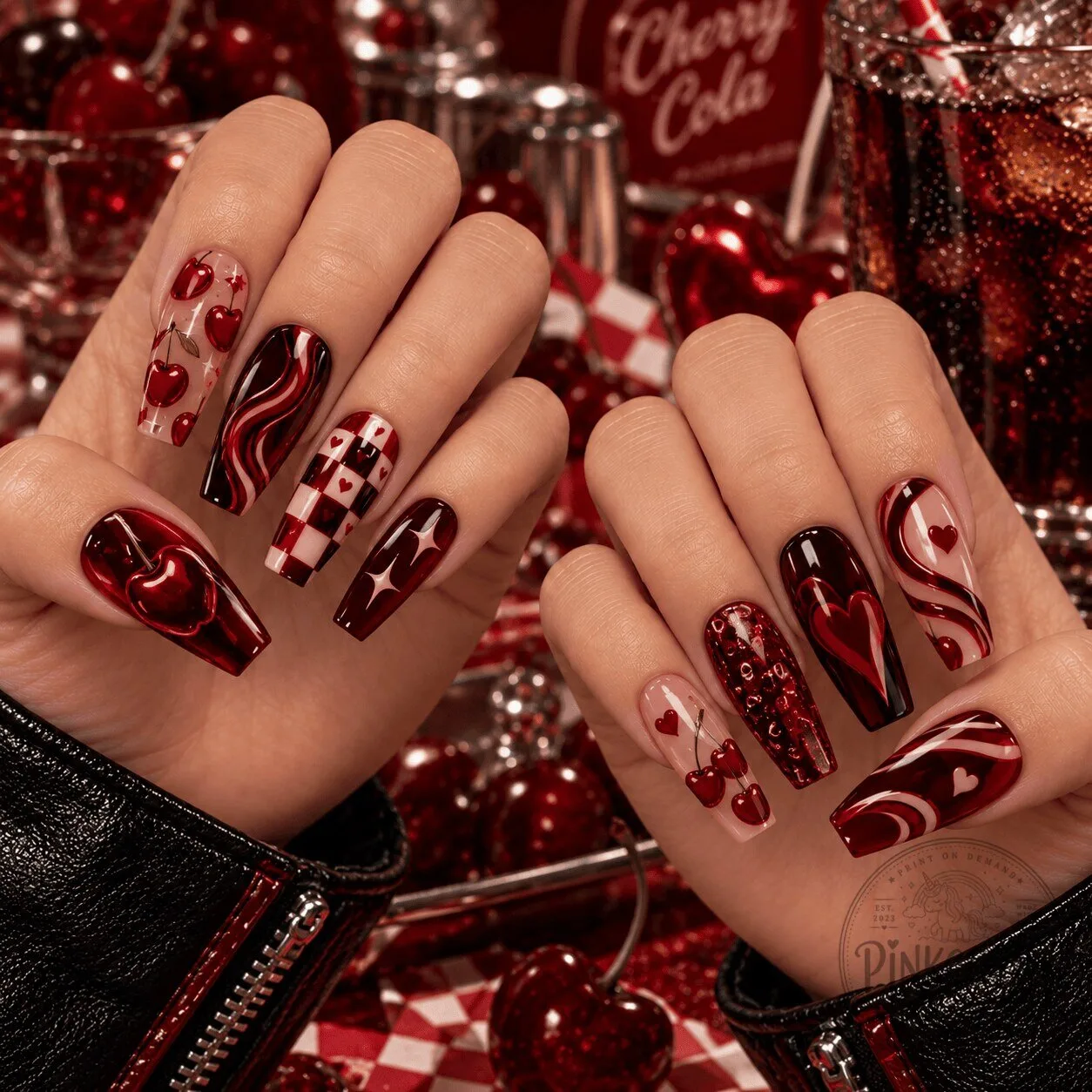 Cherry Cola Jelly Swirl Press-On Nails Set with Heart and Cherry Designs 1 Cherry Cola Jelly Swirl Press-On Nails Set with Heart and Cherry Designs