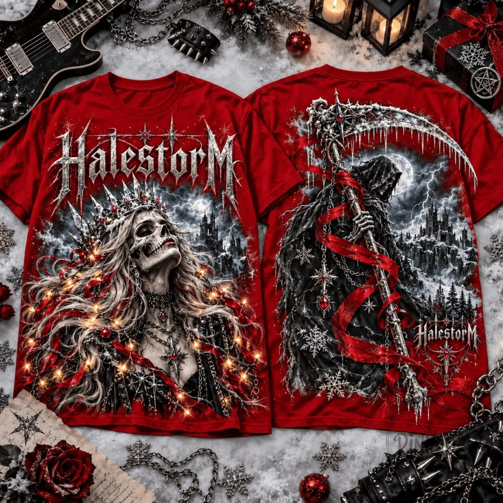 Halestorm Gothic Reaper Christmas Skeleton Queen Hard Rock Band T-Shirt Halestorm Gothic Reaper Christmas Skeleton Queen Hard Rock Band T-Shirt
