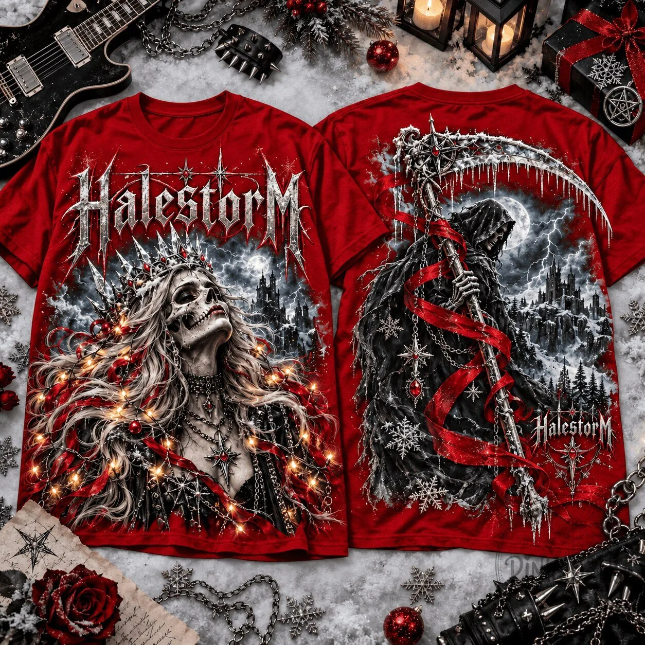 Halestorm Gothic Reaper Christmas Skeleton Queen Hard Rock Band T-Shirt 5 Halestorm Gothic Reaper Christmas Skeleton Queen Hard Rock Band T-Shirt