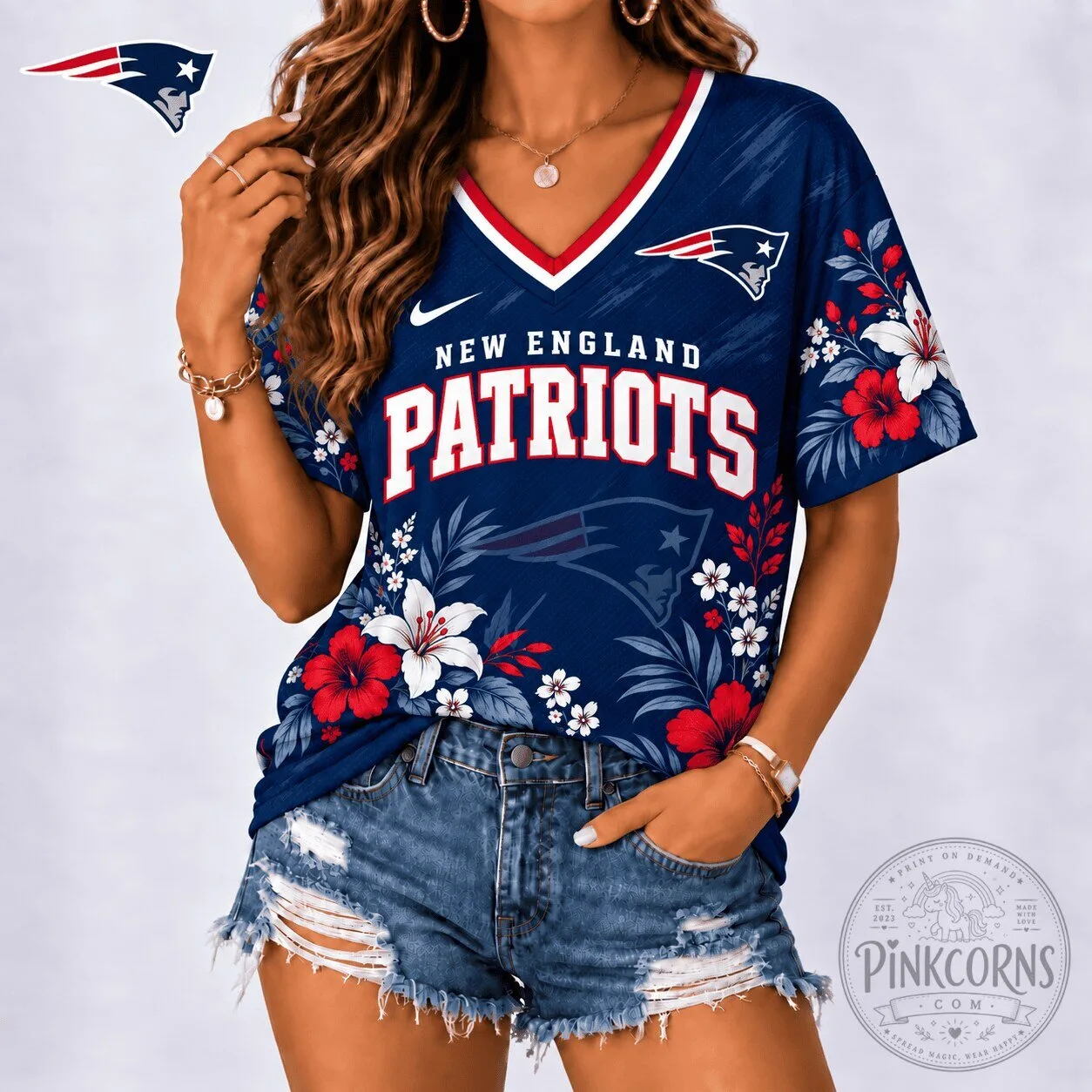 New England Patriots Floral Spirit Game Ready V-Neck Football Jersey for Women 1 New England Patriots Floral Spirit Game Ready V-Neck Football Jersey for Women