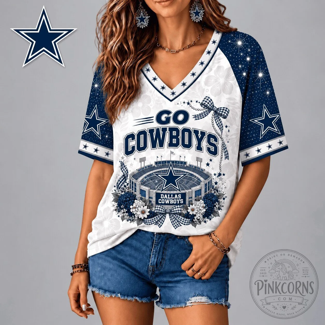 Dallas Cowboys Patriotic Floral Bow V-Neck Raglan Sleeve T-Shirt