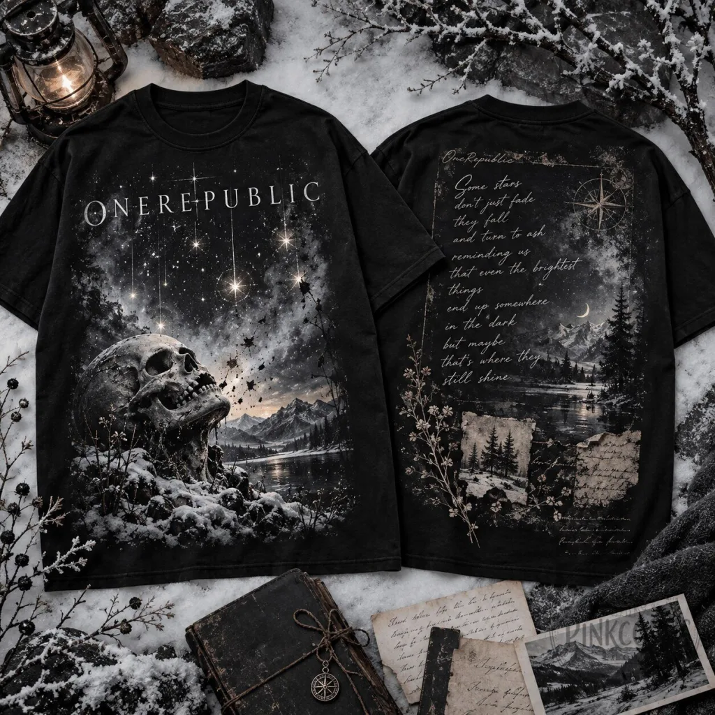 OneRepublic Midnight Skull Winter Landscape Design Black Cotton T-Shirt OneRepublic Midnight Skull Winter Landscape Design Black Cotton T-Shirt