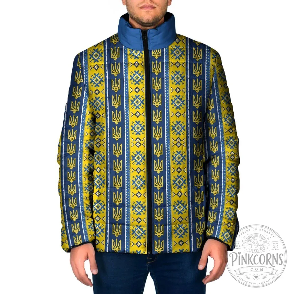 Ukrainian Trident Pattern Padded Jacket, Blue and Yellow Winter Coat 1 Ukrainian Trident Pattern Padded Jacket, Blue and Yellow Winter Coat