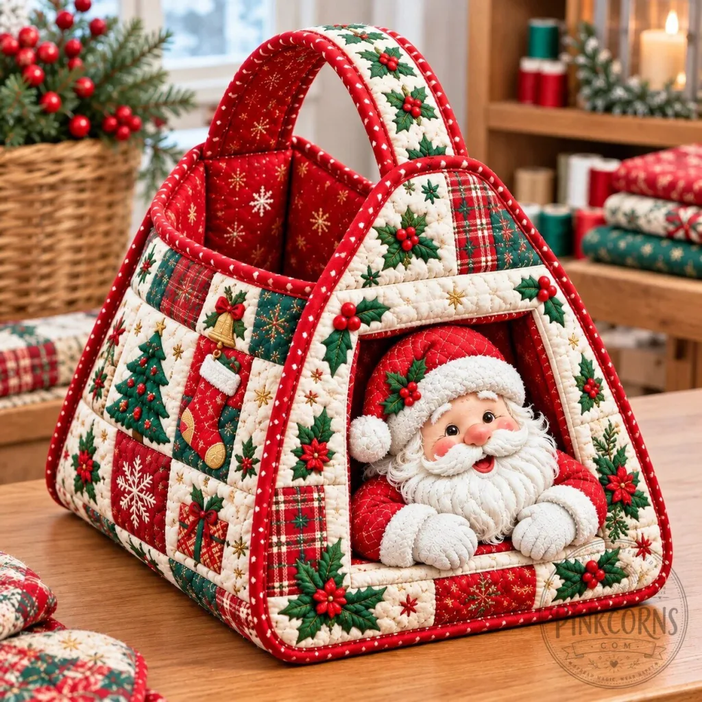 Christmas Santa Claus Holiday Quilted Basket with Handle and Festive Patterns