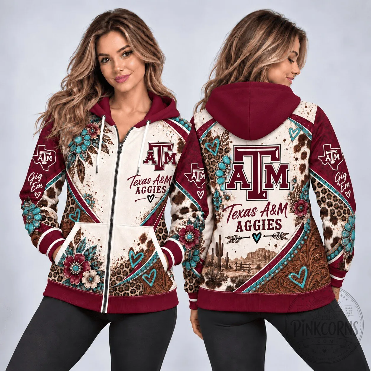Texas A&M Aggies Western Boho Floral Leopard Print Full-Zip Hoodie 1 Texas A&M Aggies Western Boho Floral Leopard Print Full-Zip Hoodie