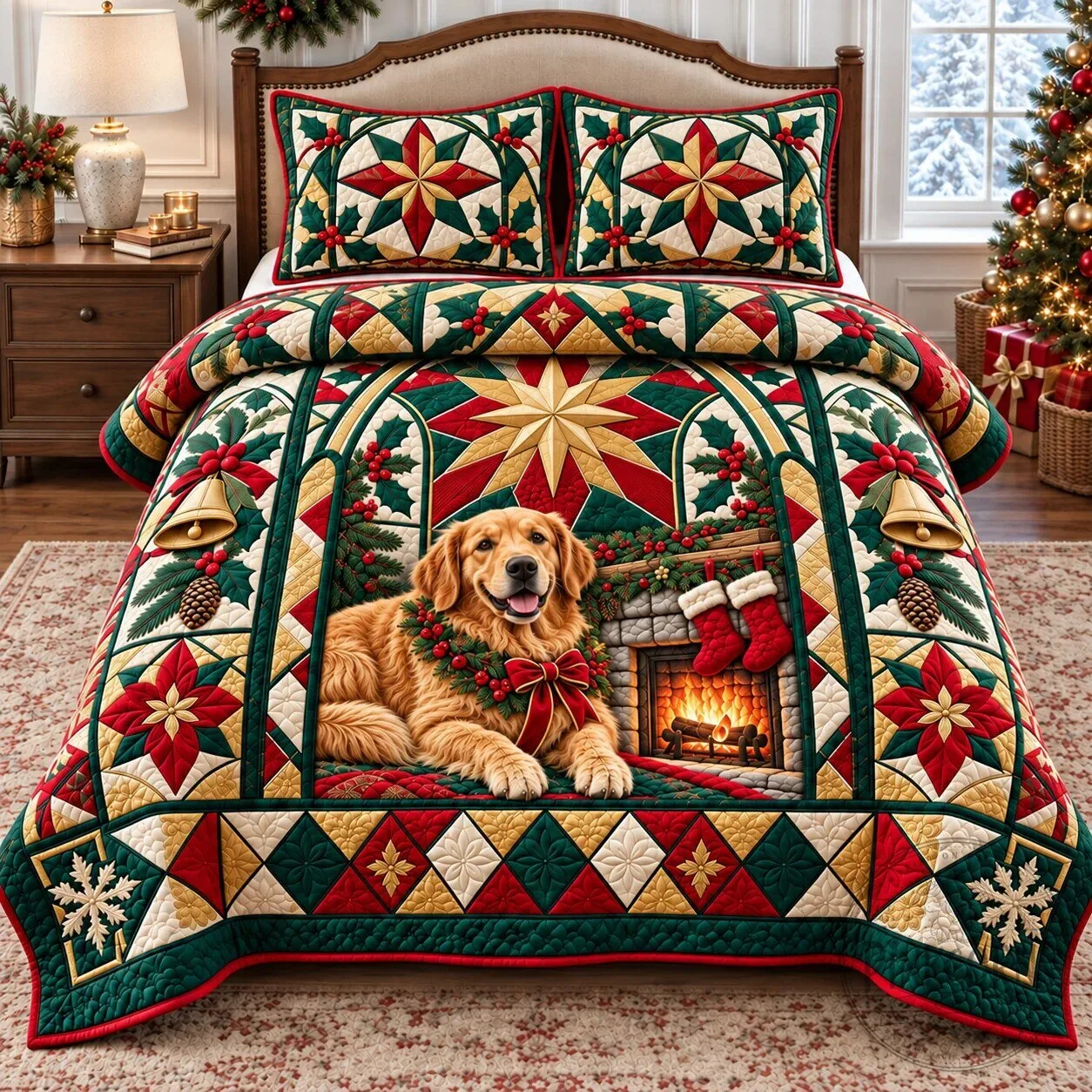 Golden Retriever Christmas Star Quilted Bedding Set with Holiday Fireplace Design