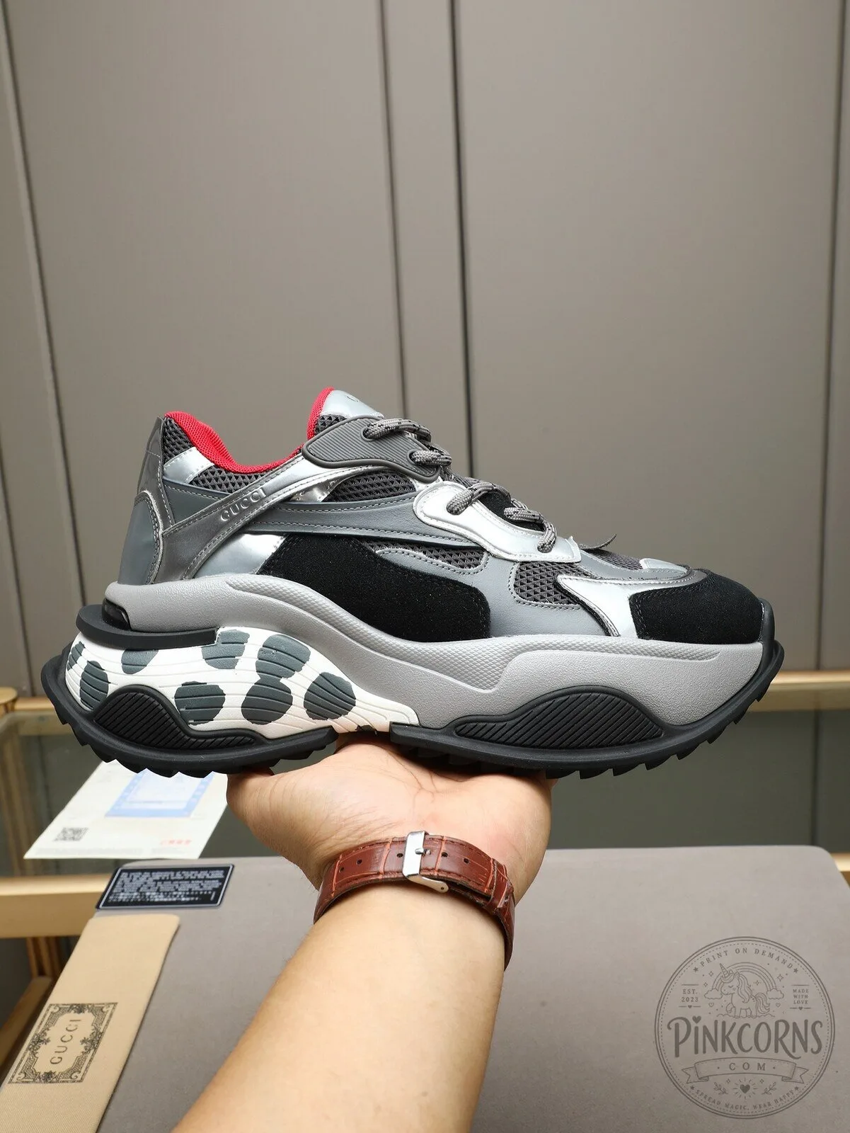 Gucci Ultrapace R Metallic Silver and Black Trainer Shoes