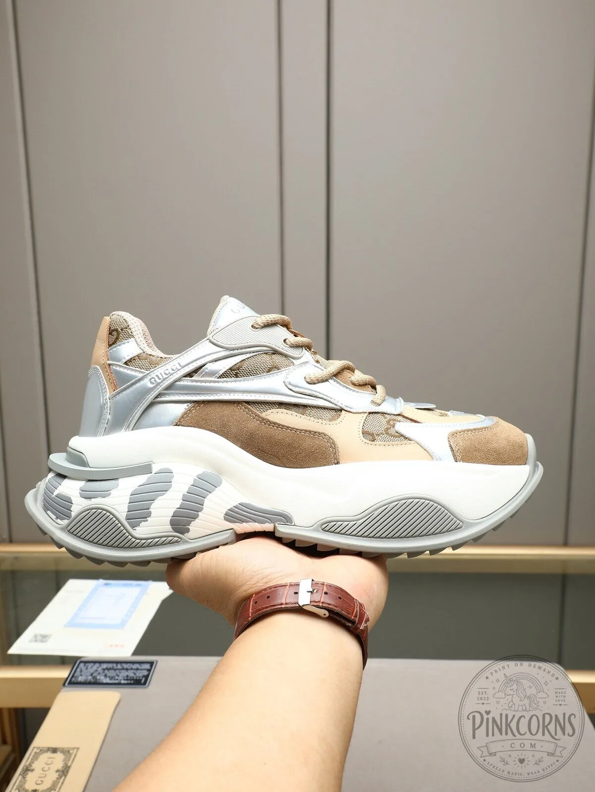 Gucci Gold and Silver Metallic Suede Leather Fashion Sneakers