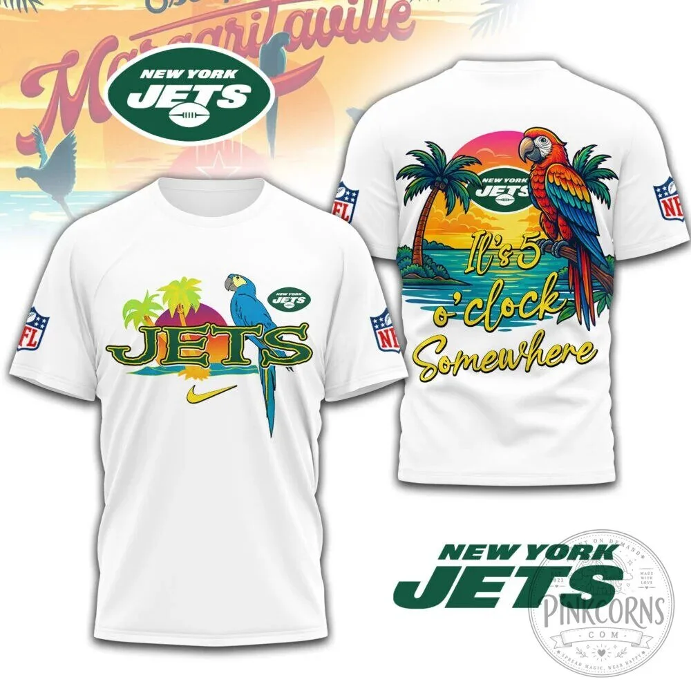 New York Jets Tropical Parrot It’s 5 O’Clock Somewhere Graphic T-Shirt