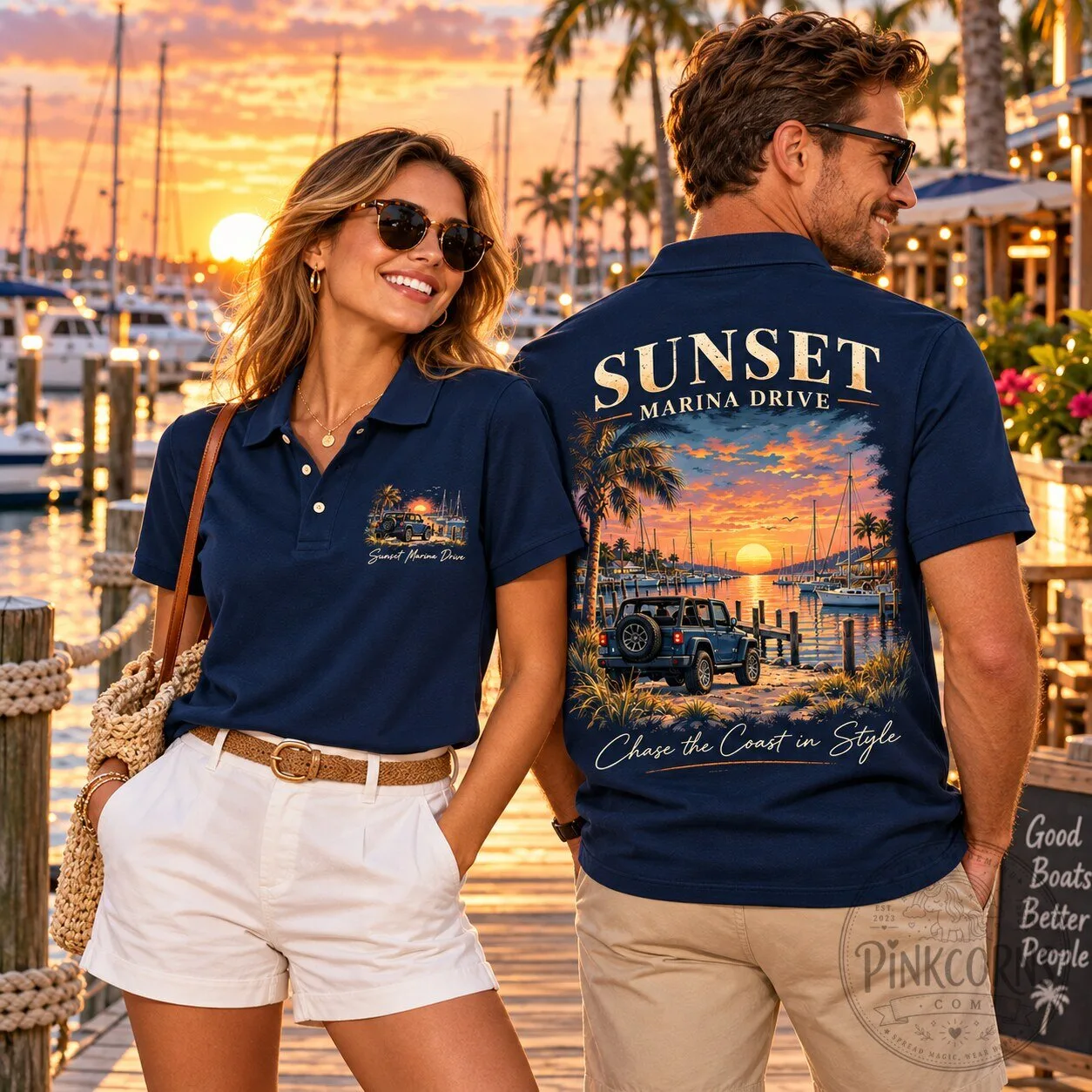 Sunset Marina Drive Coastal Cruise Navy Blue Polo Shirt