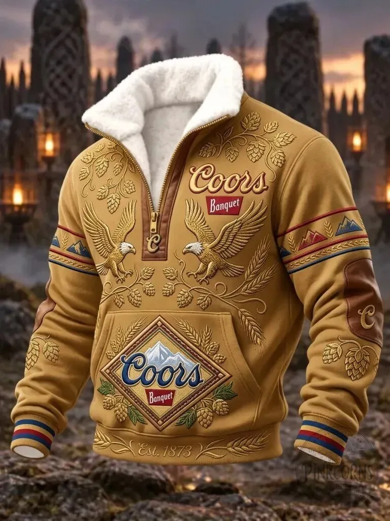 Coors Banquet Beer Vintage Western Style Sherpa Lined Quarter Zip Sweatshirt