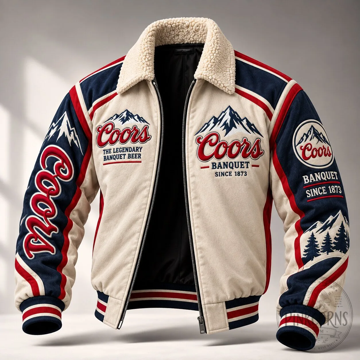 Coors Banquet Beer Legendary Since 1873 Bomber Jacket with Sherpa Collar