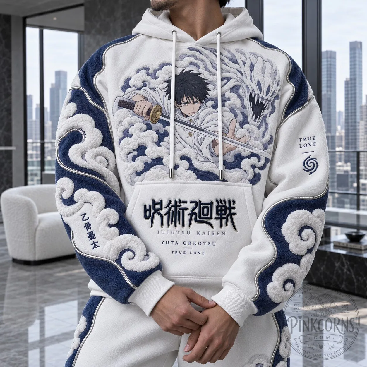 Jujutsu Kaisen Yuta Okkotsu Anime White and Blue Embroidered Hoodie
