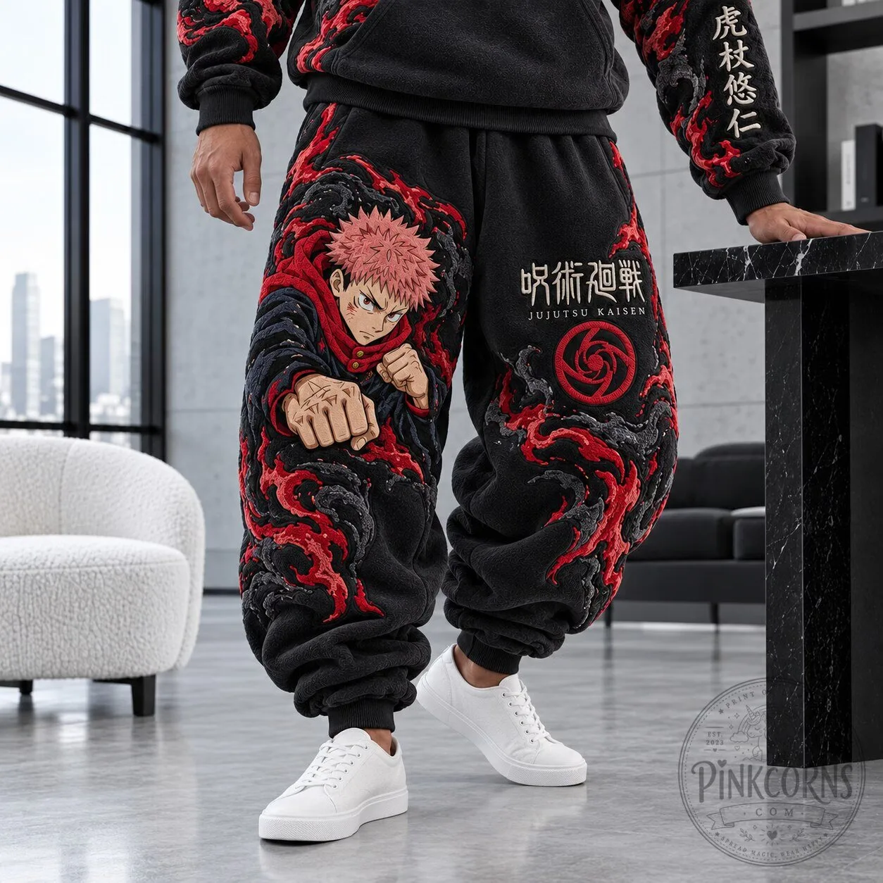 Jujutsu Kaisen Yuji Itadori Flame Design Black Anime Sweatpants for Men