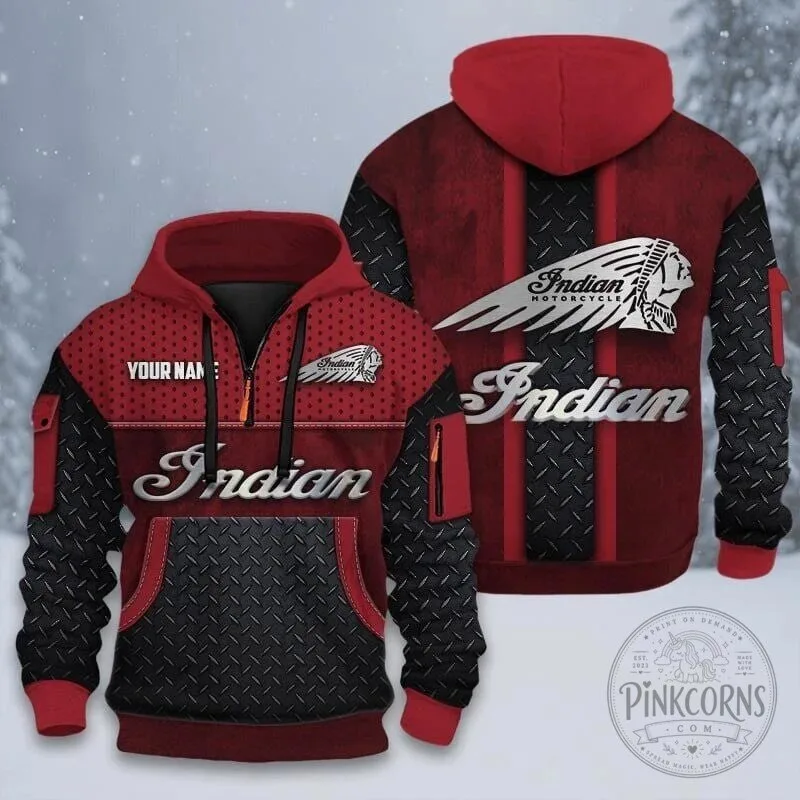 Indian Motorcycle Logo Red and Black Diamond Plate Custom Name Hoodie