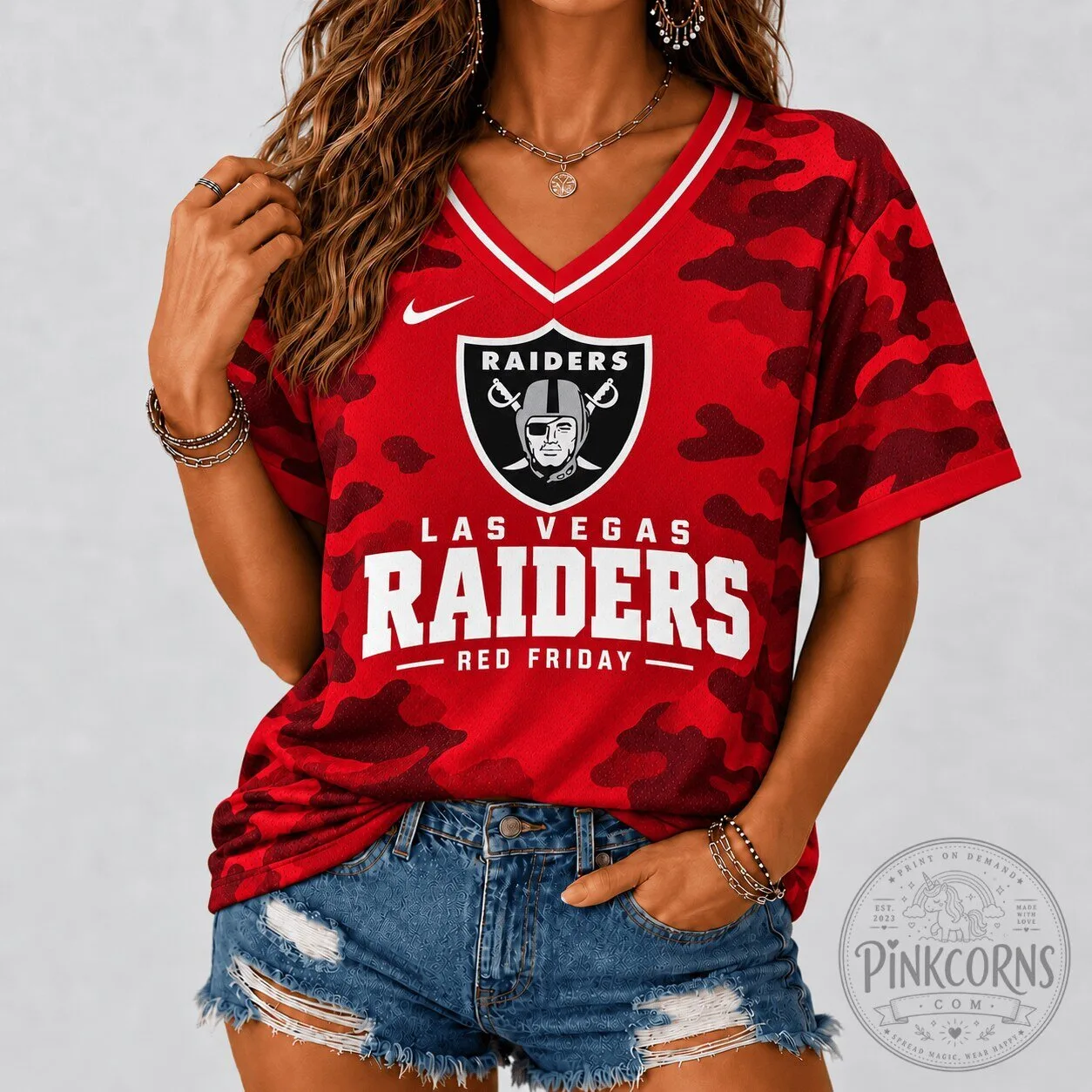 Las Vegas Raiders Red Friday Camouflage V-Neck Football Jersey for Women
