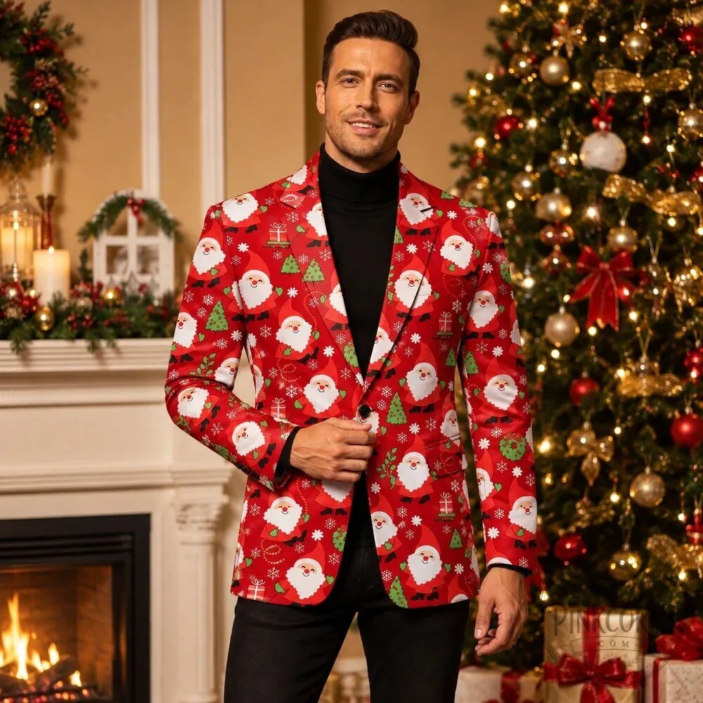Festive Santa Claus Christmas Pattern Red Holiday Blazer Jacket 11 Festive Santa Claus Christmas Pattern Red Holiday Blazer Jacket