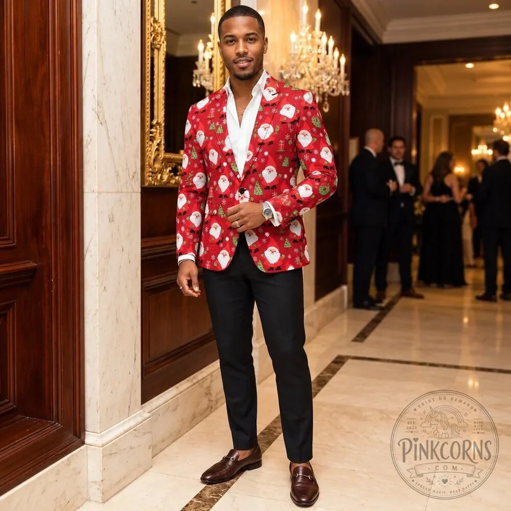 Festive Santa Claus Christmas Pattern Red Holiday Blazer Jacket 13 Festive Santa Claus Christmas Pattern Red Holiday Blazer Jacket