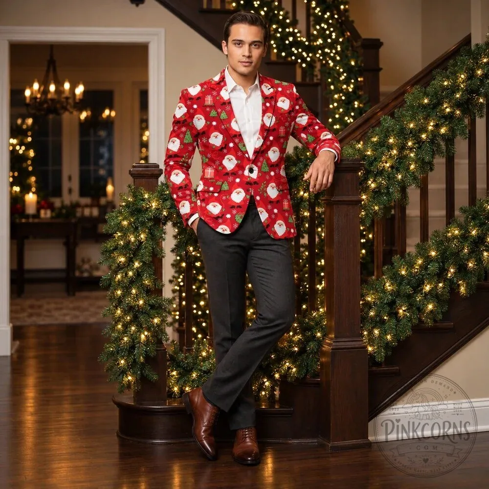 Festive Santa Claus Christmas Pattern Red Holiday Blazer Jacket 15 Festive Santa Claus Christmas Pattern Red Holiday Blazer Jacket