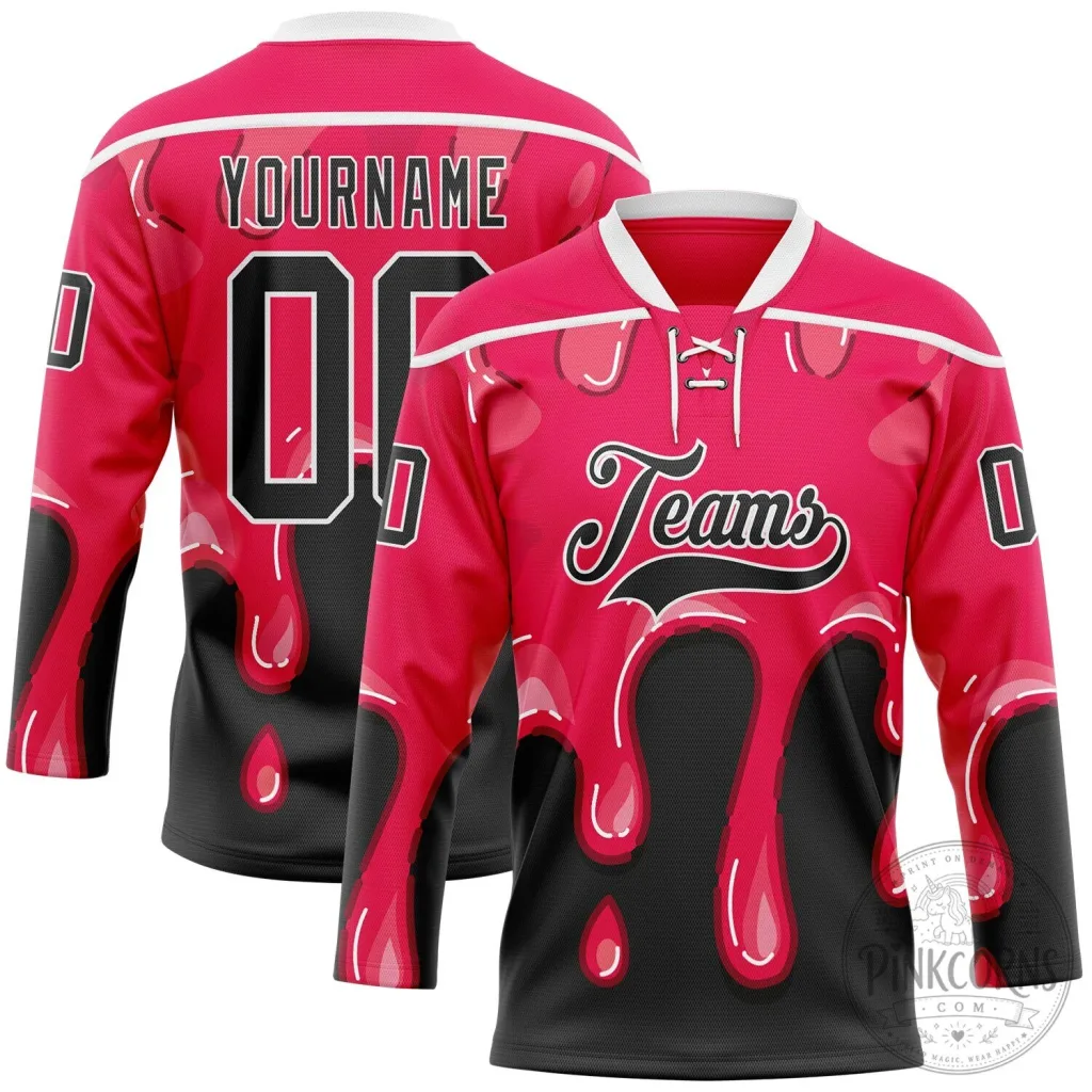 Custom Hot Pink Black Melting Dripping Strawberry Lace Neck Hockey Jersey Custom Hot Pink Black Melting Dripping Strawberry Lace Neck Hockey Jersey