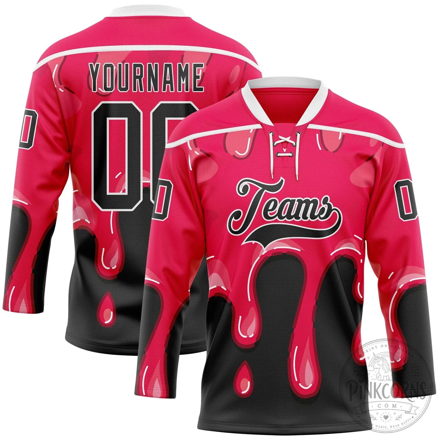 Custom Hot Pink Black Melting Dripping Strawberry Lace Neck Hockey Jersey 9 Custom Hot Pink Black Melting Dripping Strawberry Lace Neck Hockey Jersey