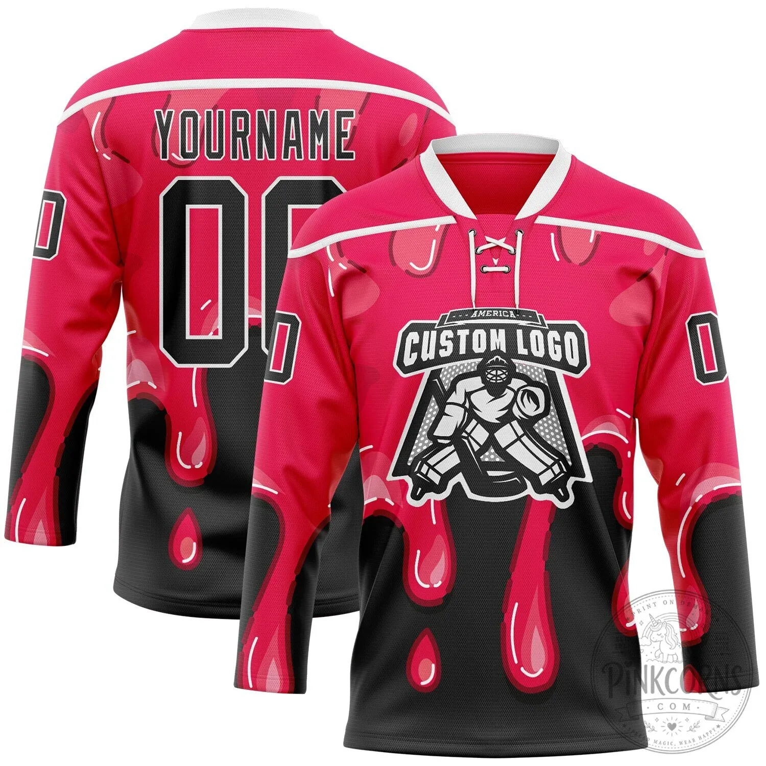 Custom Hot Pink Black Melting Dripping Strawberry Lace Neck Hockey Jersey 10 Custom Hot Pink Black Melting Dripping Strawberry Lace Neck Hockey Jersey