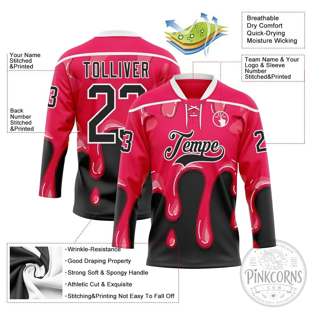 Custom Hot Pink Black Melting Dripping Strawberry Lace Neck Hockey Jersey 13 Custom Hot Pink Black Melting Dripping Strawberry Lace Neck Hockey Jersey