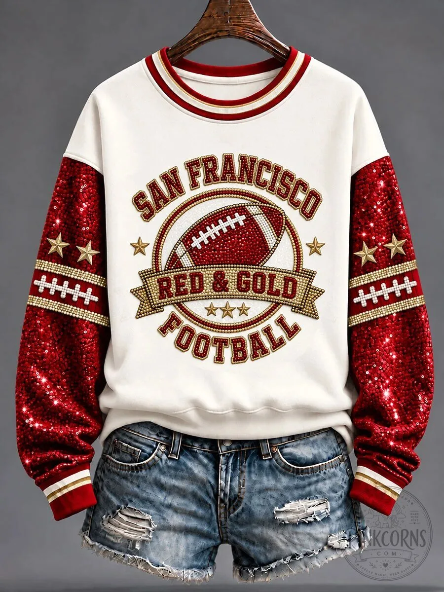 San Francisco Gameday Red and Gold Football Sequin Sleeve Sweatshirt