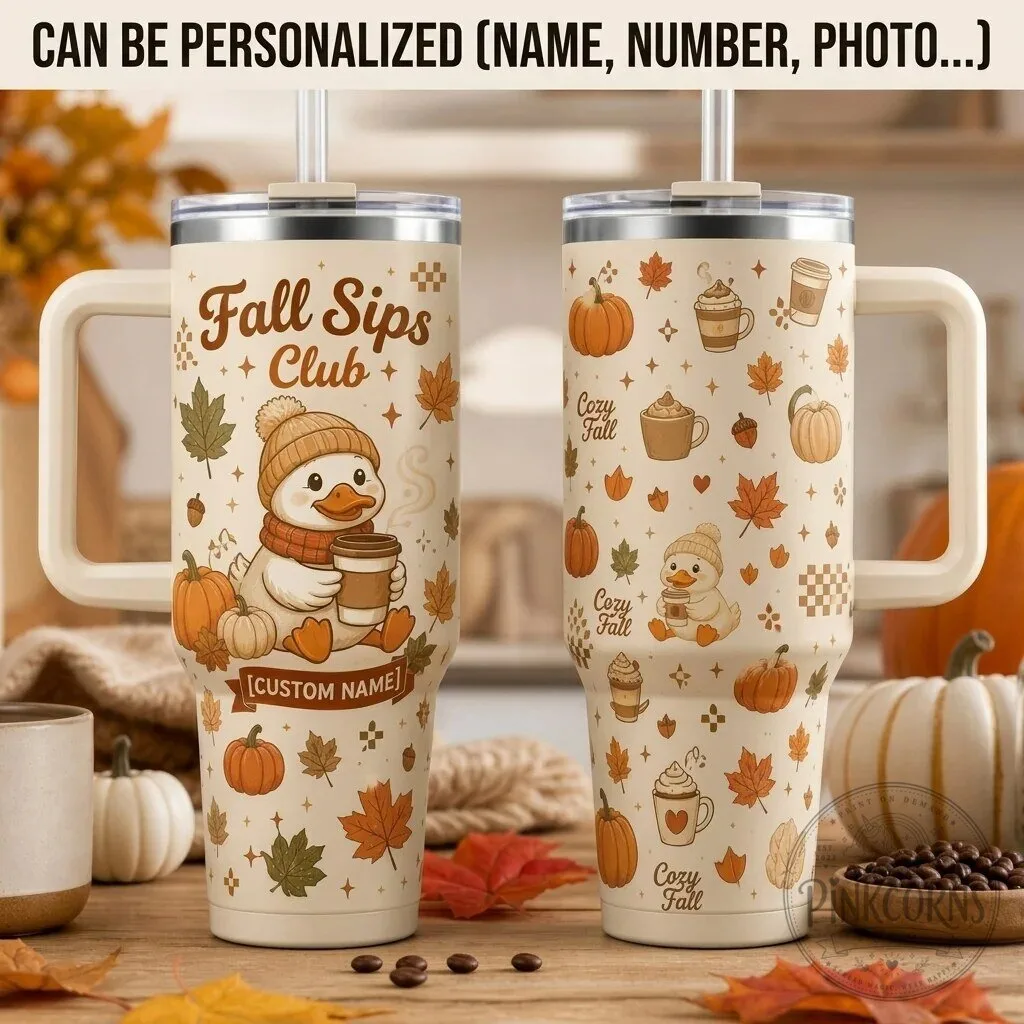 Personalized Fall Sips Club Cute Duckling Autumn Coffee Tumbler with Handle