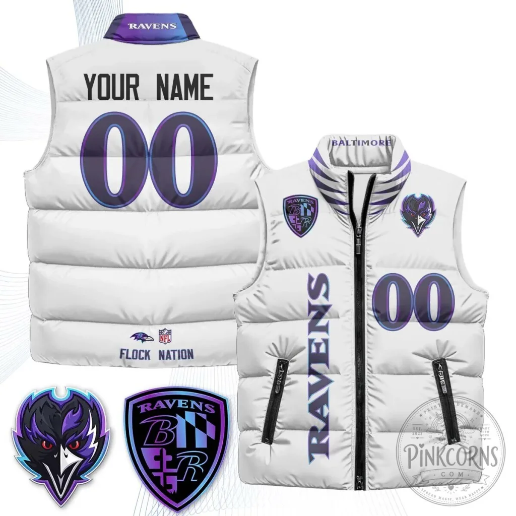 Baltimore Ravens NFL Custom Name and Number Puffer Vest Baltimore Ravens NFL Custom Name and Number Puffer Vest