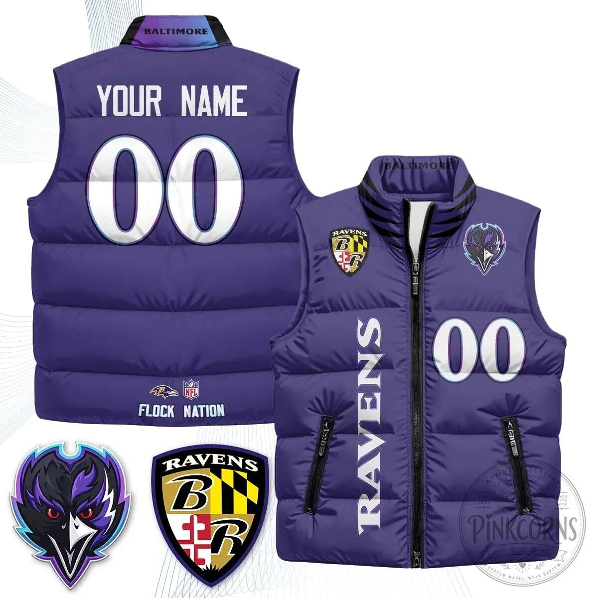Baltimore Ravens NFL Custom Name and Number Puffer Vest 7 Baltimore Ravens NFL Custom Name and Number Puffer Vest