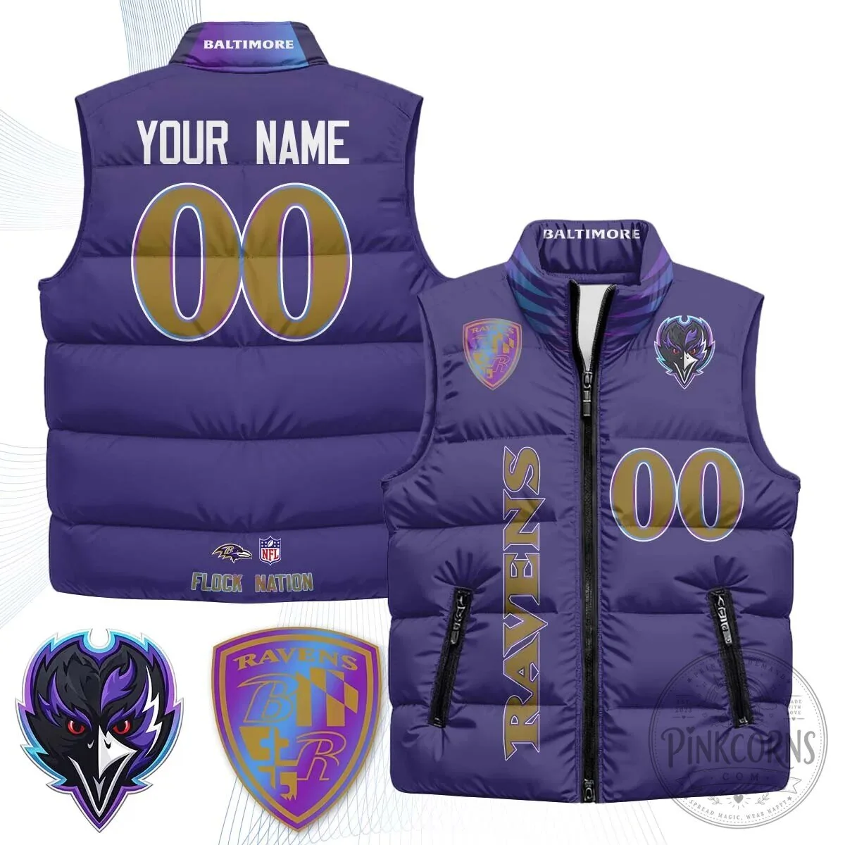 Baltimore Ravens NFL Custom Name and Number Puffer Vest 8 Baltimore Ravens NFL Custom Name and Number Puffer Vest