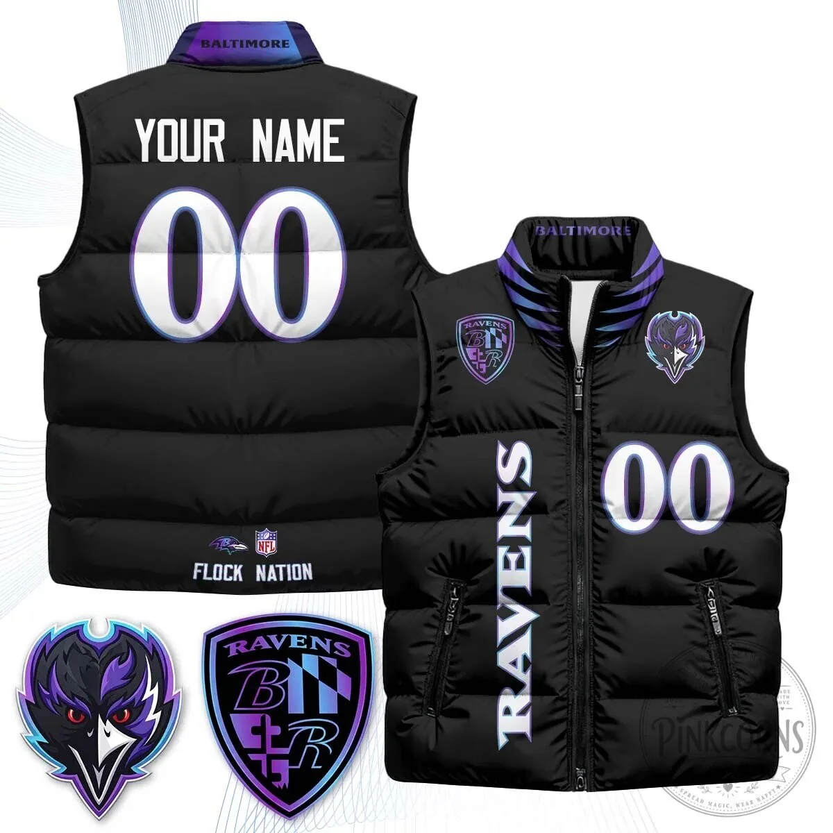 Baltimore Ravens NFL Custom Name and Number Puffer Vest 9 Baltimore Ravens NFL Custom Name and Number Puffer Vest