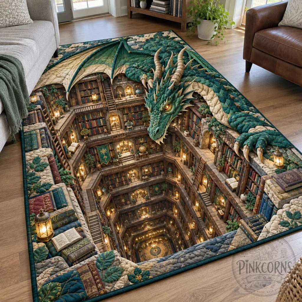 Emerald Dragon Secret Library Fantasy Art Area Rug Emerald Dragon Secret Library Fantasy Art Area Rug