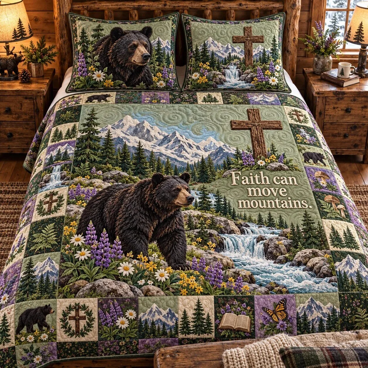 Faith Can Move Mountains Bear and Cross Mountain Landscape Quilted Bedding Set