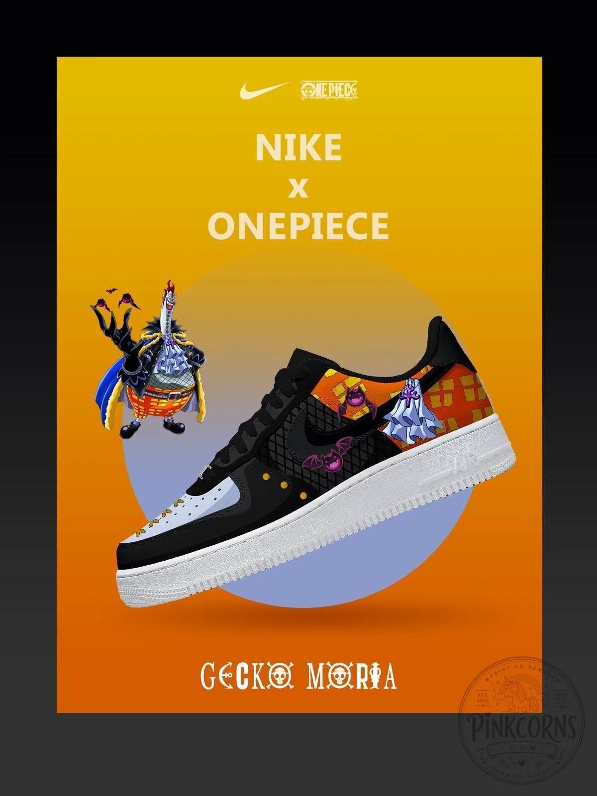Gecko Moria One Piece Anime Custom Printed Nike Air Force 1 Sneakers 2 Gecko Moria One Piece Anime Custom Printed Nike Air Force 1 Sneakers
