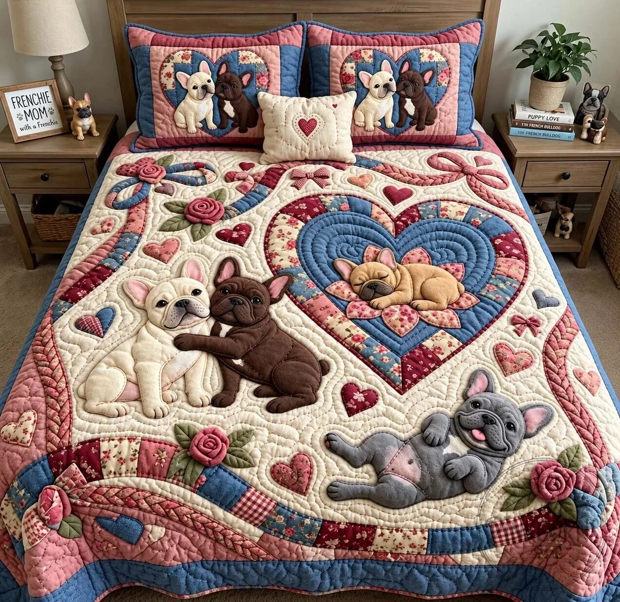 French Bulldog Puppy Love Heart Quilted Bedding Set with Pillow Shams