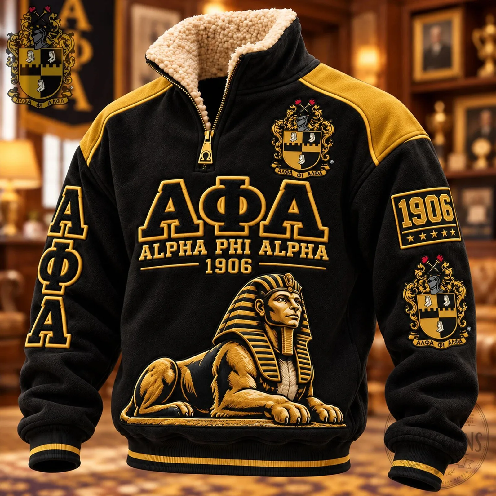 Black and Gold Sherpa Pullover Sweatshirt for Alpha Phi Alpha Fraternity Sphinx