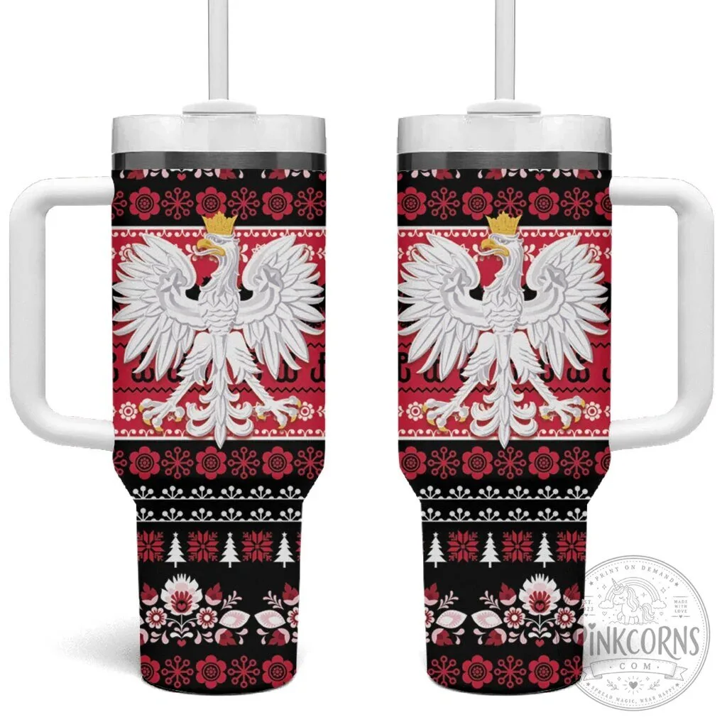 Polish Christmas Folk Art Eagle Pattern Insulated Tumbler with Handle