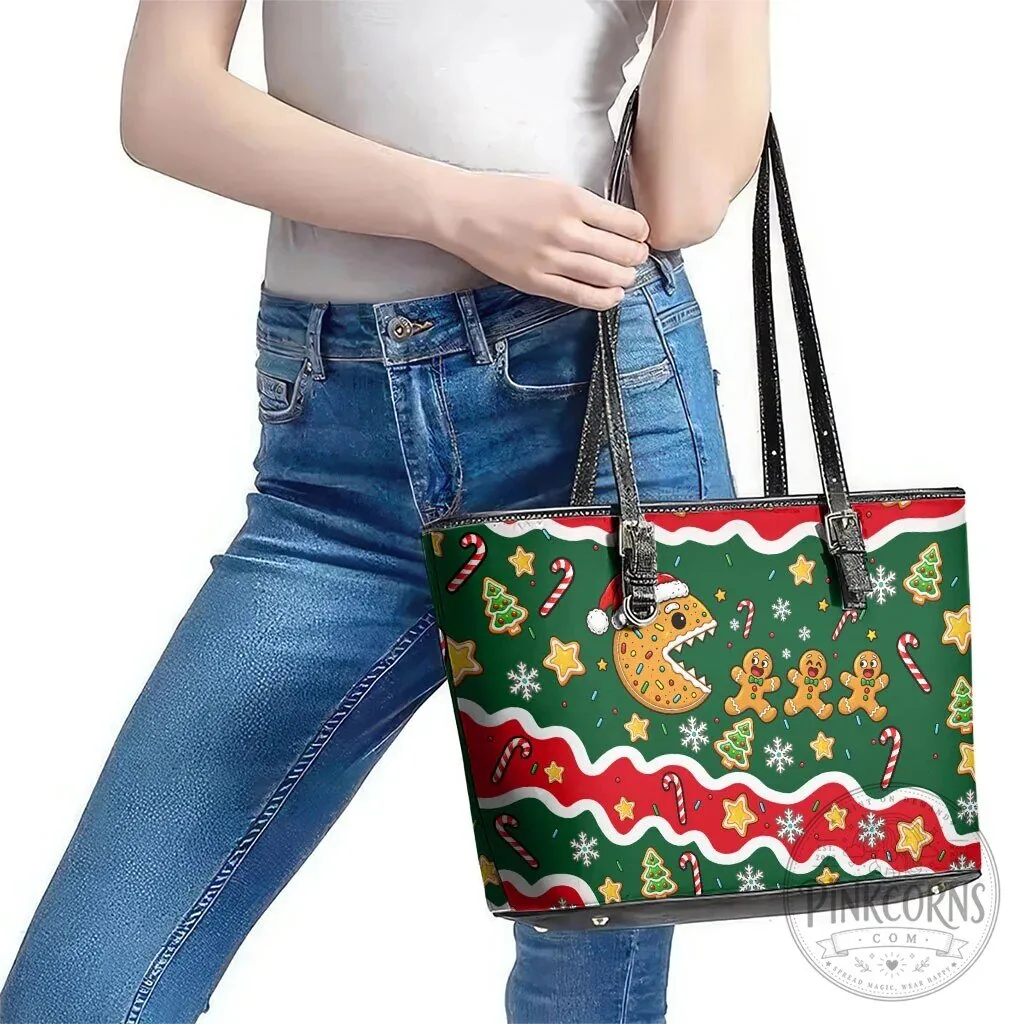 Christmas Gingerbread Cookies Candy Cane Holiday Pattern Leather Tote Bag 12 Christmas Gingerbread Cookies Candy Cane Holiday Pattern Leather Tote Bag